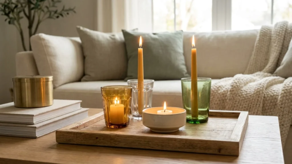 DIY candle holders made from thrifted glassware grouped on a wood tray