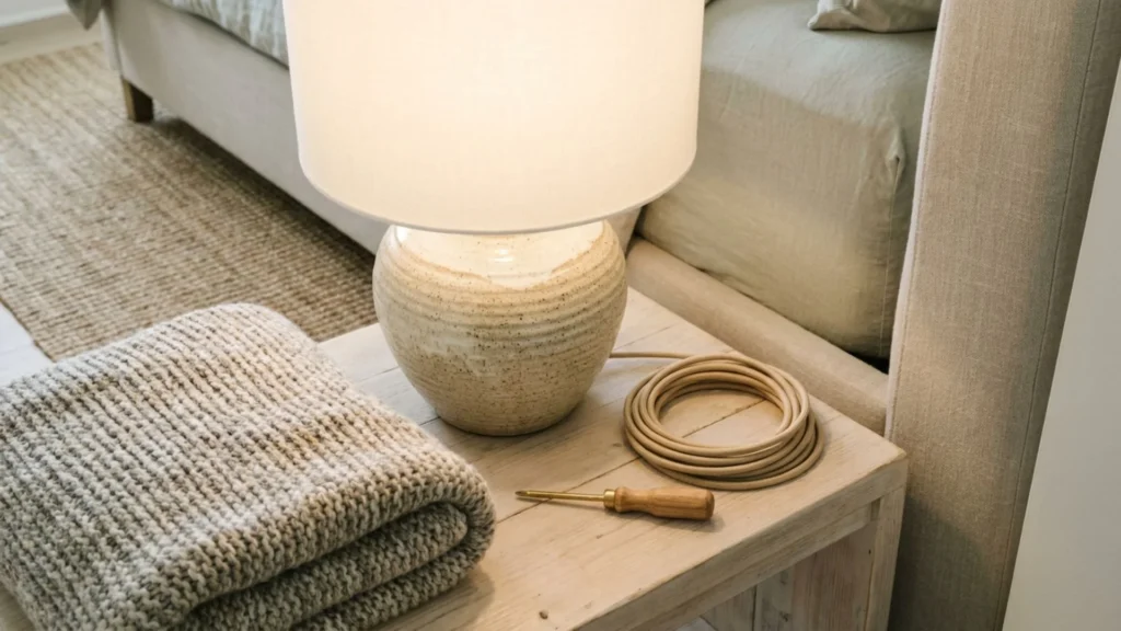 DIY thrifted lamp makeover idea with a new linen shade and warm bulb glow