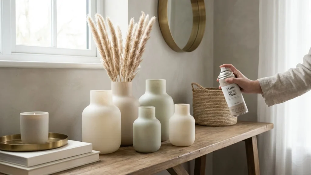 Dollar Tree DIY home decor idea with spray-painted glass vases grouped by height in matte cream