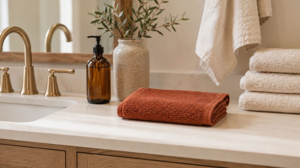 Budget friendly fall decor idea layering warm terracotta and cream bedding at the foot of the bed