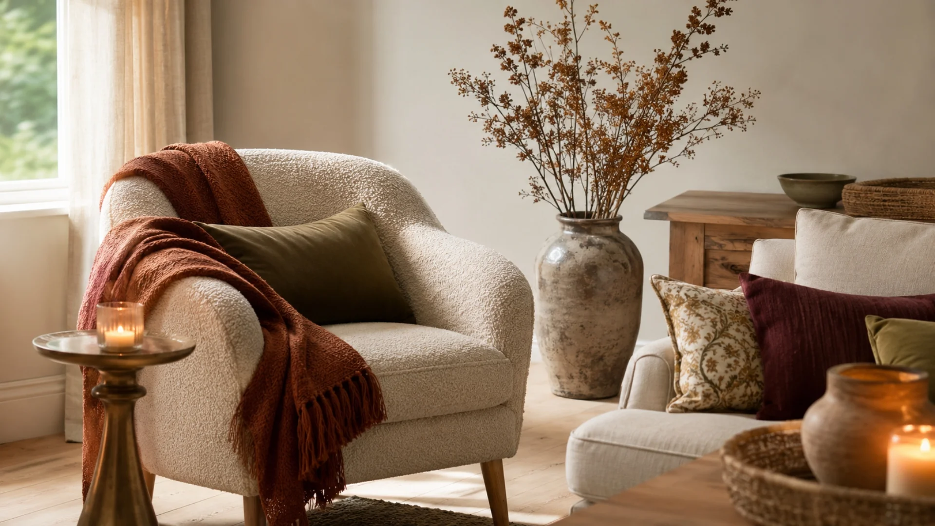 Fall home decor ideas by style - a neutral living room corner with a rust throw and dried branches that can flex into any of six fall decor looks.

