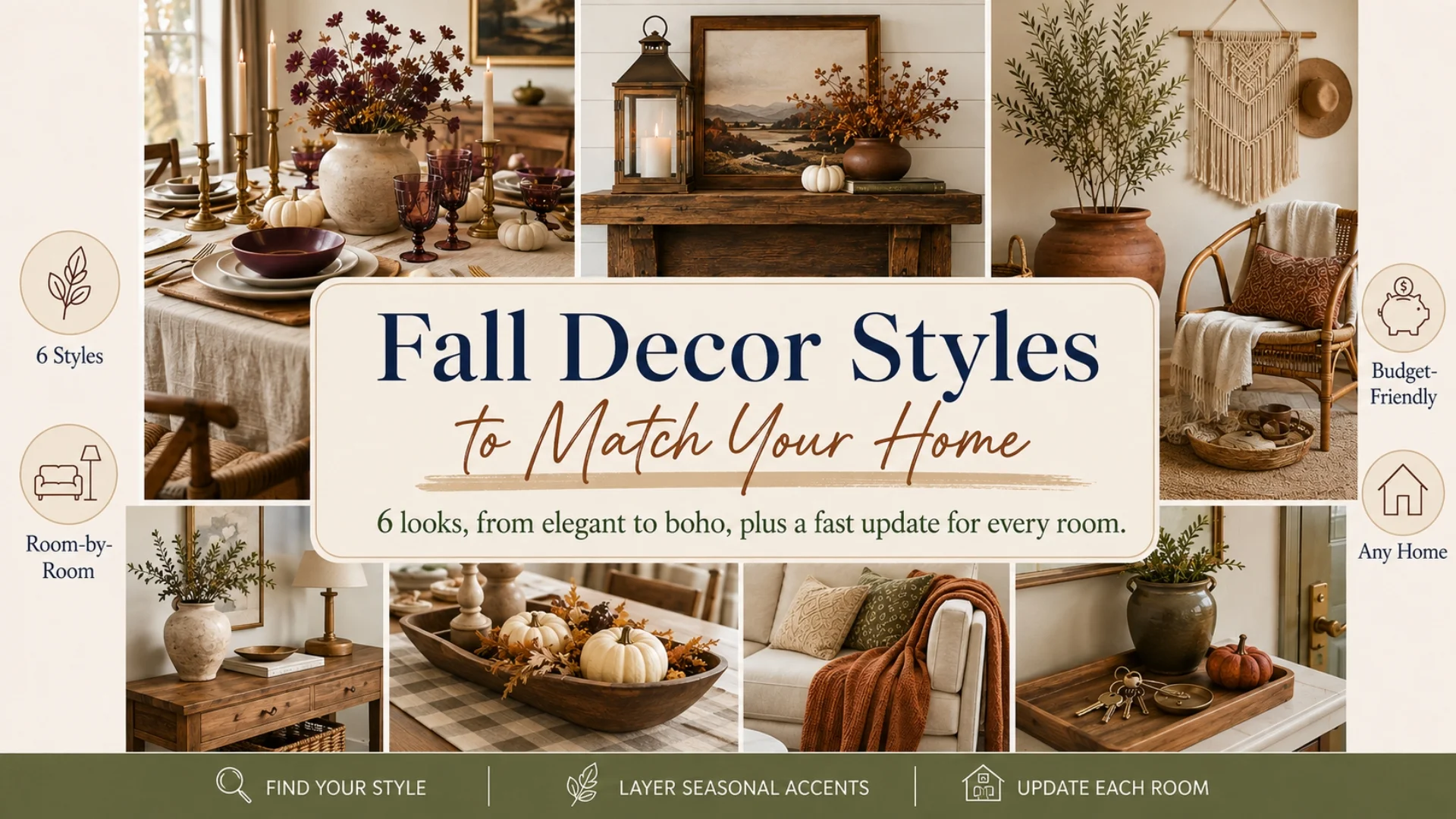 Fall decor styles guide collage showing elegant, rustic, boho, modern, farmhouse, and cozy living room looks for choosing a fall decor style