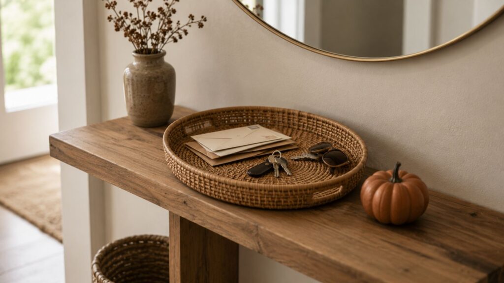Entryway table vignette idea with a wood tray for keys, mail, and one small seasonal fall accent