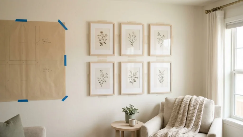 No-drill DIY wall decor idea using a command-strip gallery wall grid of framed prints