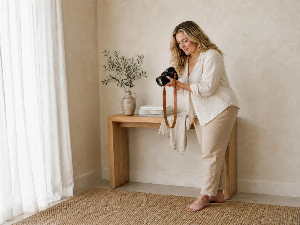 Bonita Long photographing an olive branch in a stoneware jug on an oak console table