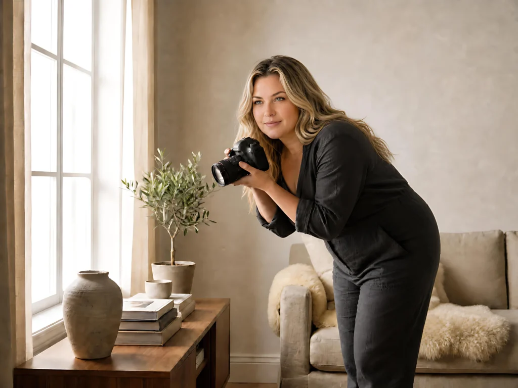 Bonita Long photographing a stoneware vase and stacked books on a walnut sideboard by a window