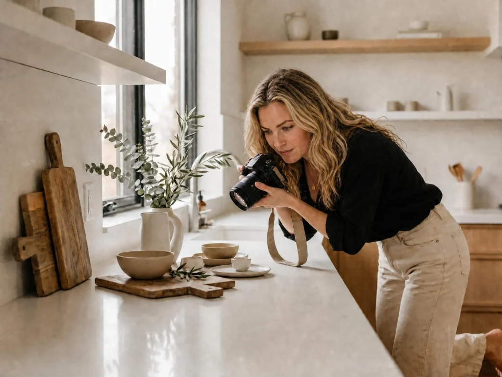 Bonita Long photographing stoneware bowls, a white jug of eucalyptus and wooden boards on a kitchen counter