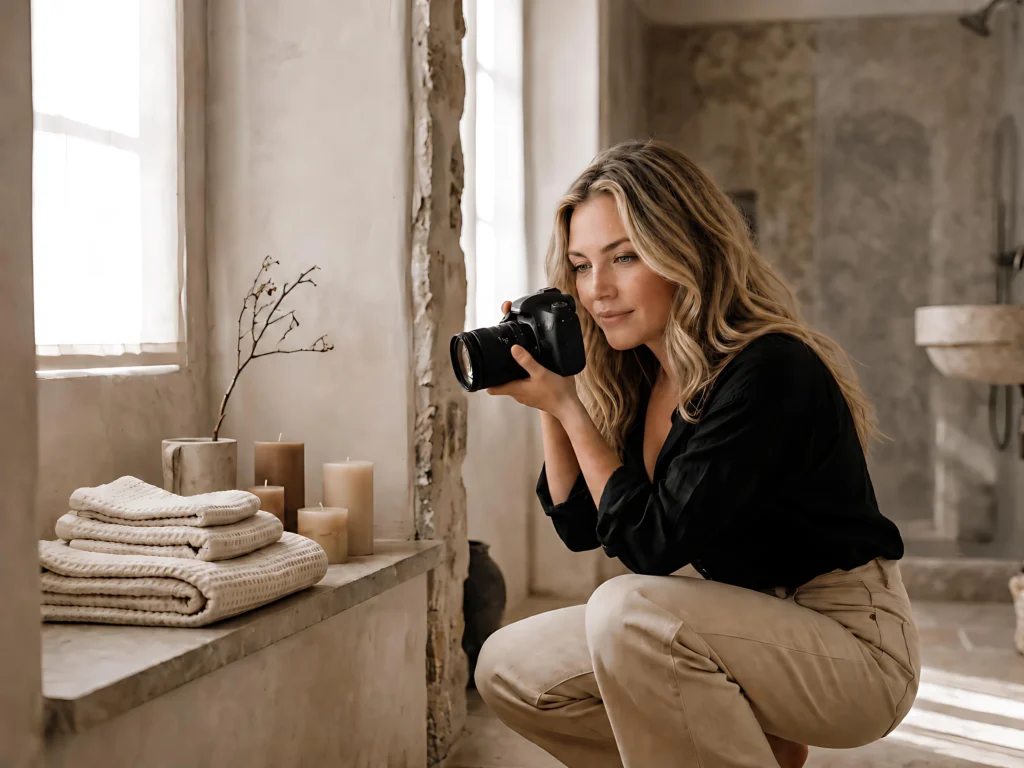 Bonita Long crouching to photograph folded waffle towels and candles on a stone bathroom ledge