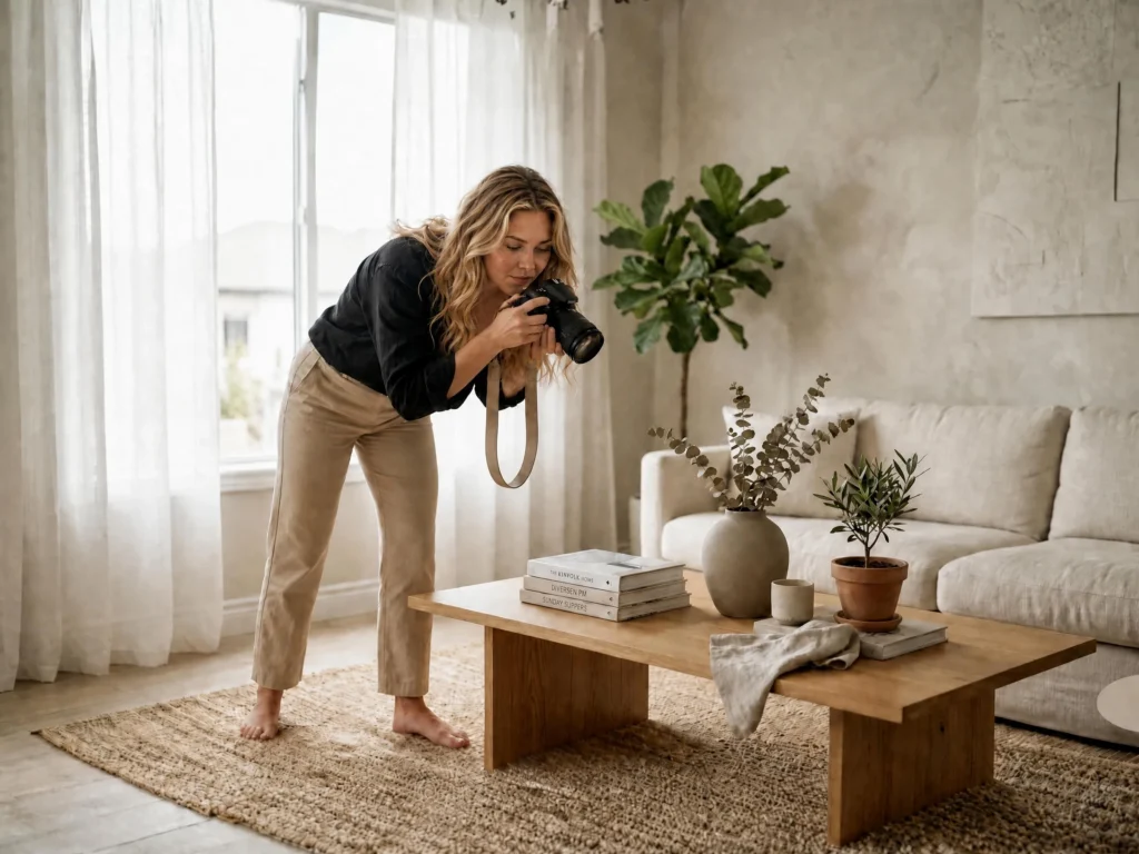 Bonita Long photographing an oak coffee table styled with books, a eucalyptus vase and a small olive tree