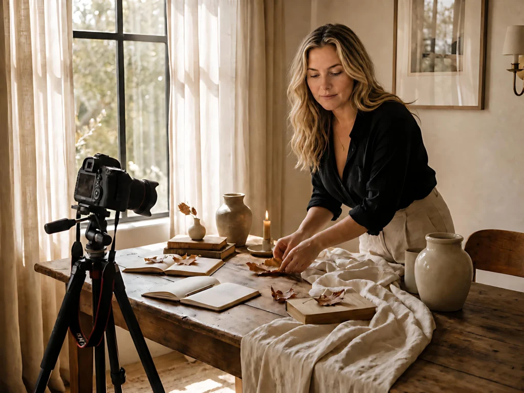 Bonita Long arranging dried leaves on a farmhouse table with open books, a candle and a camera on a tripod