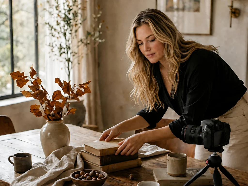 Bonita Long arranging vintage books beside a vase of dried autumn leaves on a rustic wood table