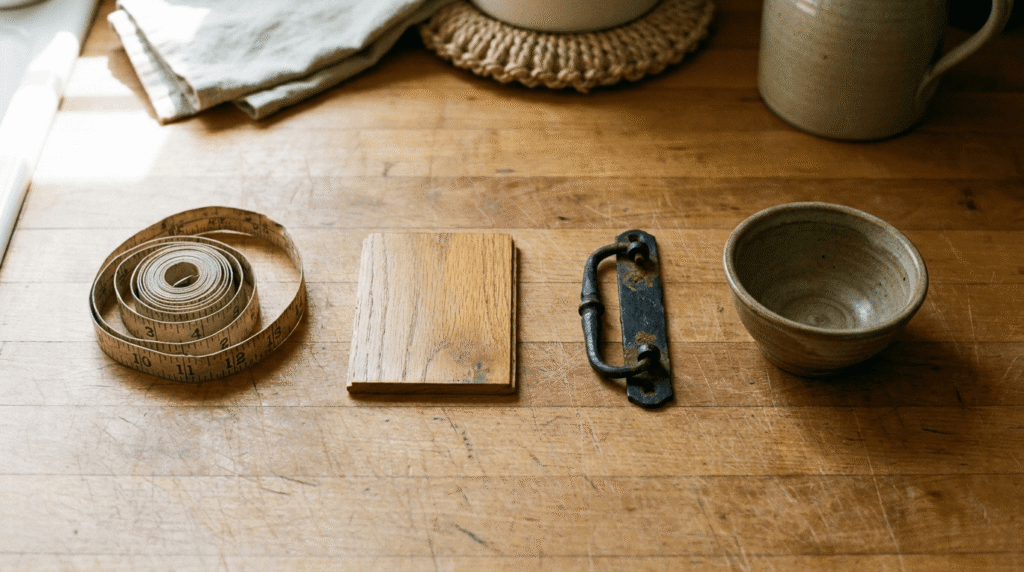 A flat lay of a tape measure, wood swatch, iron drawer pull and stoneware bowl representing what to check before buying farmhouse kitchen decor