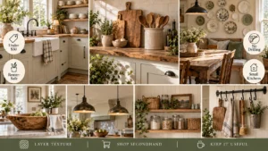 Rustic farmhouse kitchen decor ideas: a collage of collected farmhouse kitchens with open shelving, butcher block, wall decor and storage