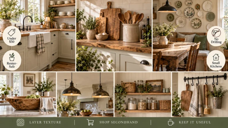 Rustic farmhouse kitchen decor ideas: a collage of collected farmhouse kitchens with open shelving, butcher block, wall decor and storage