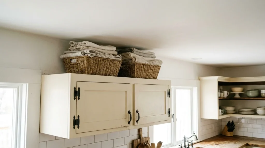 Woven seagrass baskets of varied heights stored above cream farmhouse kitchen cabinets holding folded linens