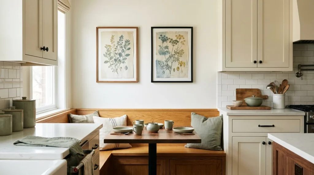Botanical prints in mismatched wood and black frames arranged vertically on a farmhouse kitchen wall above a bench