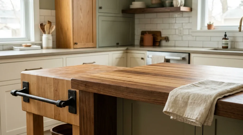 Butcher block countertop in a rustic farmhouse kitchen showing warm maple grain beside cream Shaker cabinets