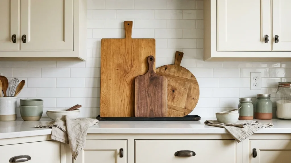 Wooden cutting boards leaning upright against a subway tile backsplash in a farmhouse kitchen prep area