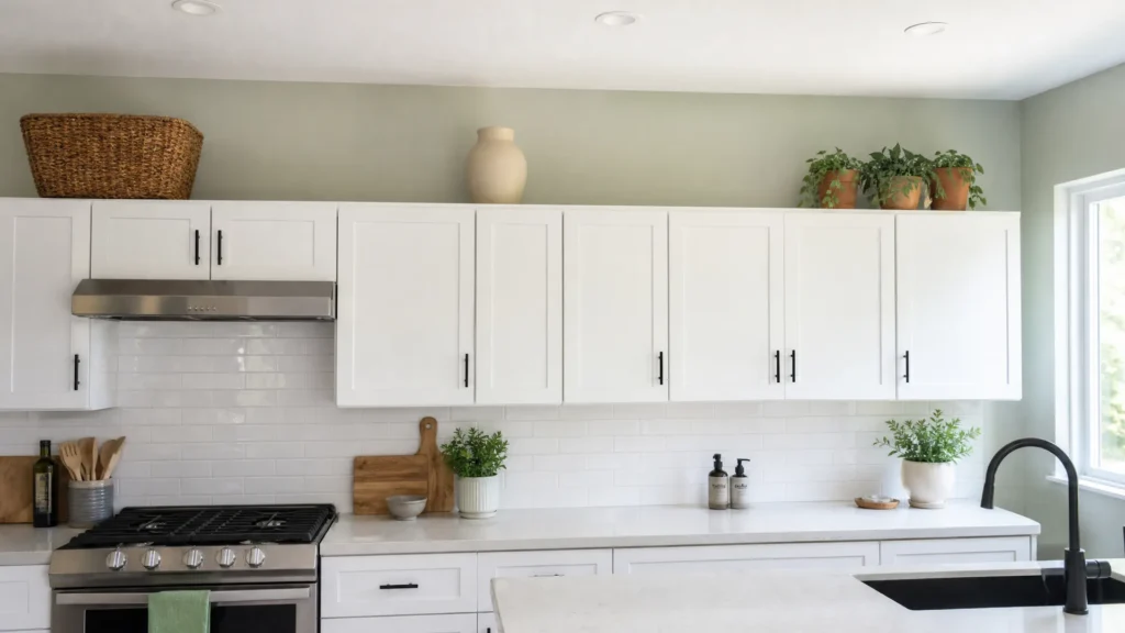 Decor above kitchen cabinets with a woven basket, a large ceramic vessel and potted greenery spaced in a group of three