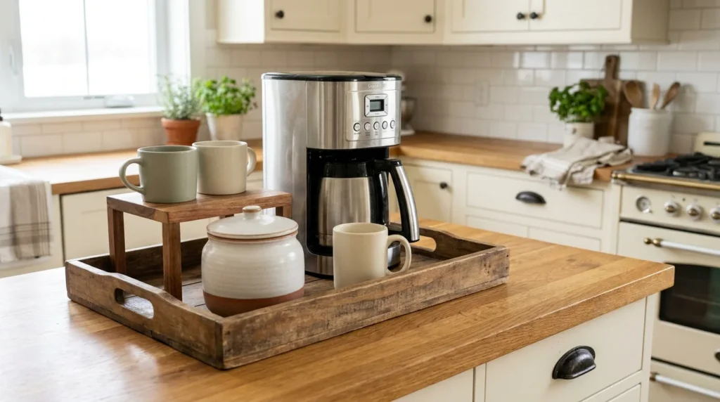 A compact farmhouse coffee corner on a wooden tray with a ceramic mug, stoneware canister and two-tier mug riser