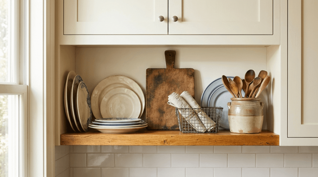 A farmhouse kitchen shelf styled with genuinely collected pieces instead of a matching set, mixed ironstone plates, a thrifted wood board and an aged metal basket