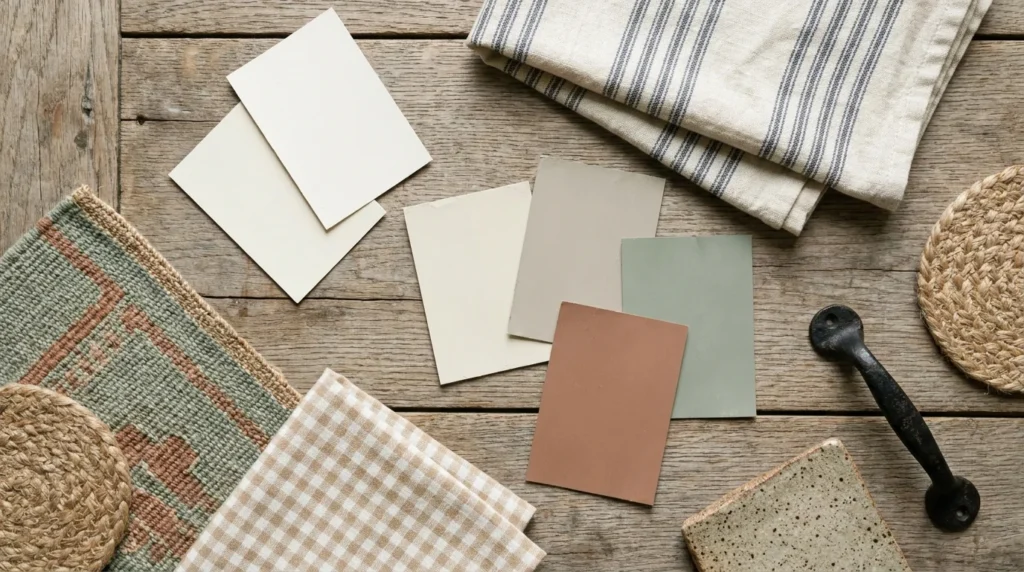 Farmhouse kitchen color palette flat lay with warm white, cream, greige, sage and clay swatches beside linen and oak