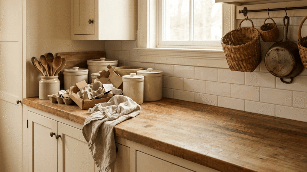 A farmhouse kitchen counter partway through decluttering, half still holding unused canisters and half already cleared as the first step before buying decor