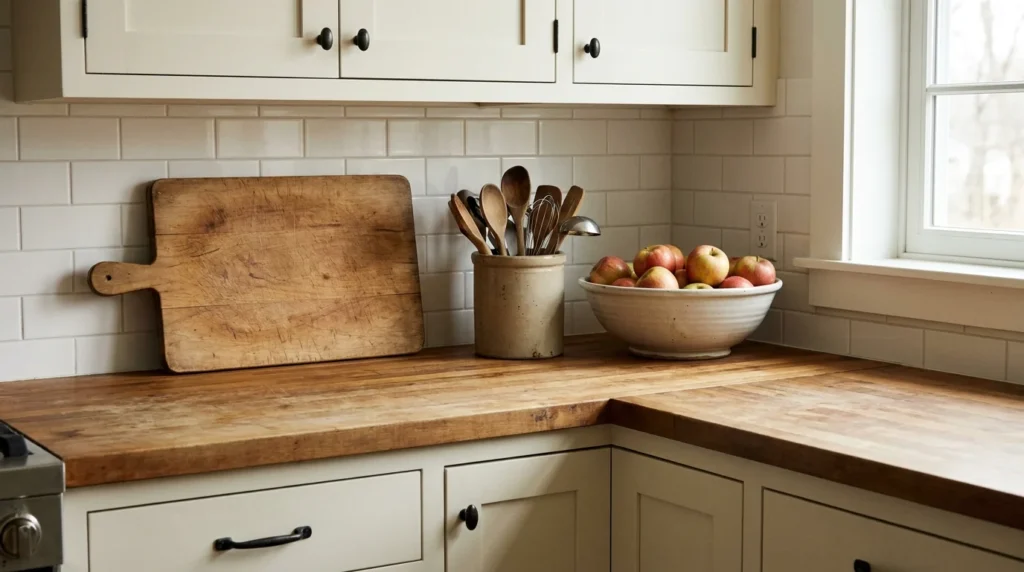 A farmhouse kitchen counter cleared to three useful objects: a leaning cutting board, a utensil crock and a fruit bowl