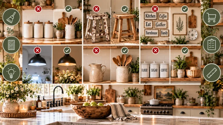 Farmhouse kitchen decor mistakes to avoid: a before-and-after collage comparing matching canisters, an over-distressed stool, word signs and cold lighting with their collected, warmer fixes