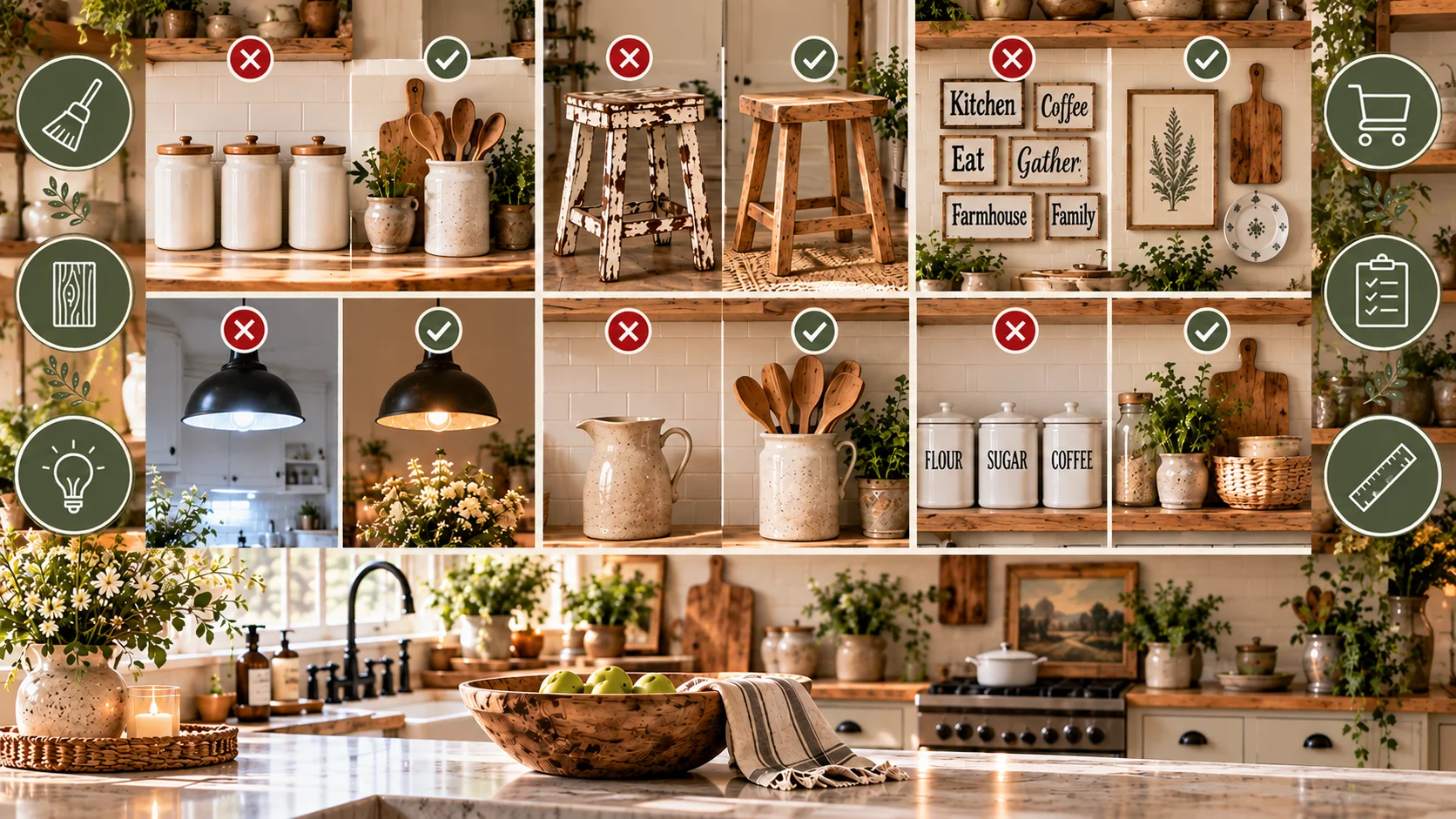 Farmhouse kitchen decor mistakes to avoid: a before-and-after collage comparing matching canisters, an over-distressed stool, word signs and cold lighting with their collected, warmer fixes