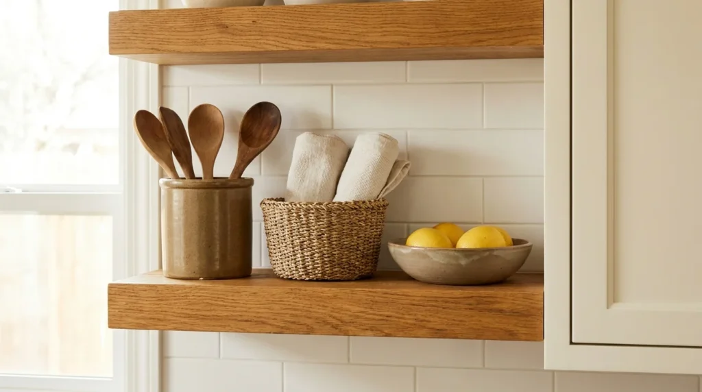A farmhouse kitchen shelf styled with only purposeful decor, a crock holding wooden spoons, a basket holding towels and a bowl holding lemons instead of empty display pieces