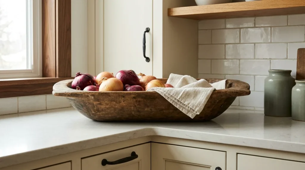A weathered wooden dough bowl used as an anchor object on a clear farmhouse kitchen counter, filled with onions and a folded towel