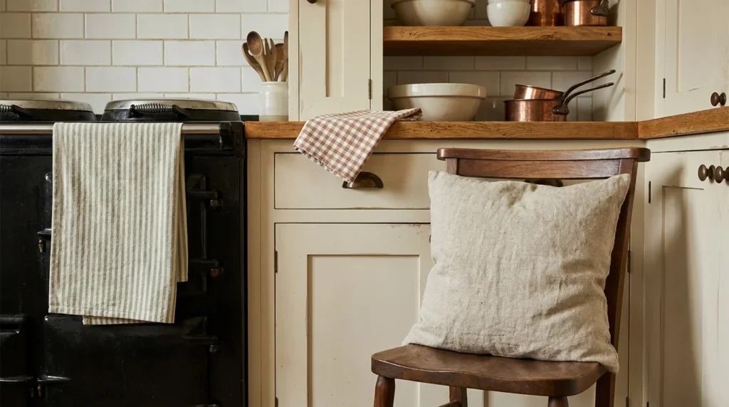 Linen and cotton farmhouse kitchen textiles, a ticking stripe towel on an oven handle and a small check napkin on a shelf edge