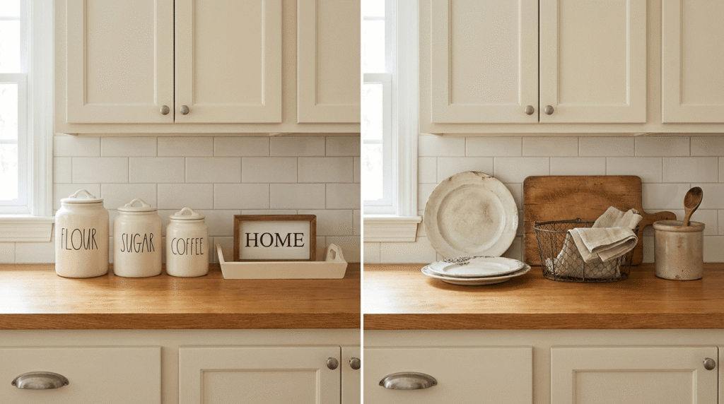 A farmhouse kitchen shelf split-frame comparison, a matching manufactured decor set on the left next to a genuinely collected mismatched styling on the right