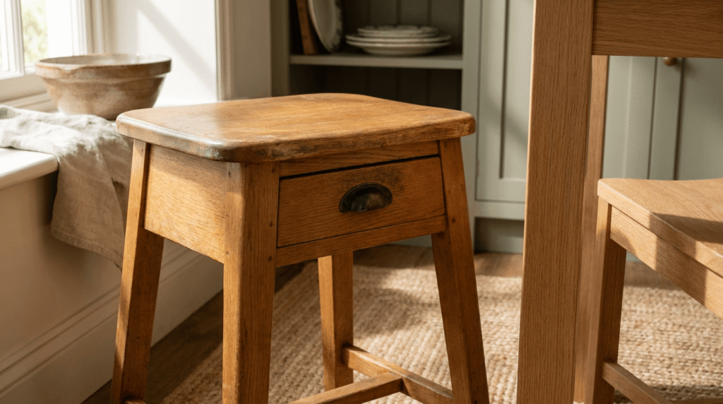A farmhouse kitchen stool with genuine wear limited to the seat edge and one drawer pull, contrasted with calm intact wood grain elsewhere to show restrained distressing
