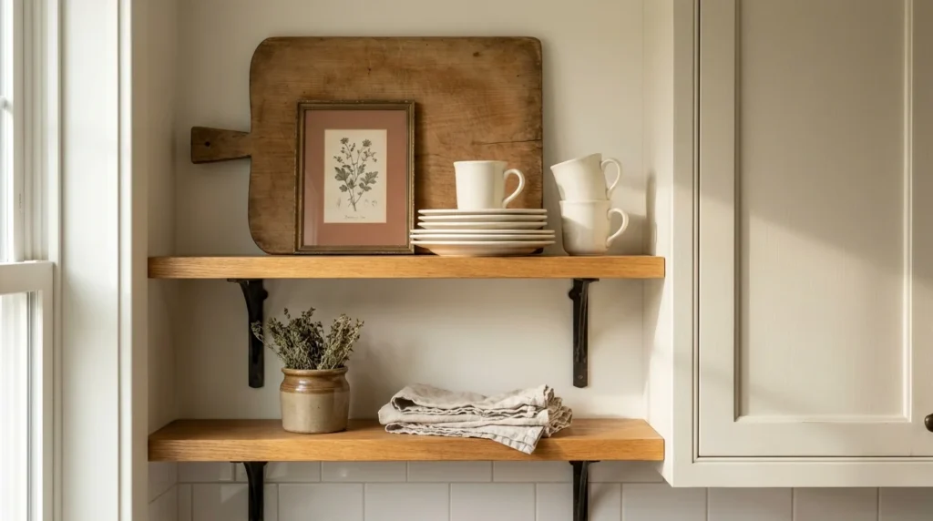 Rustic farmhouse kitchen decor ideas for open shelving, layering a breadboard at the back, stacked ironstone plates in the middle and a crock in front