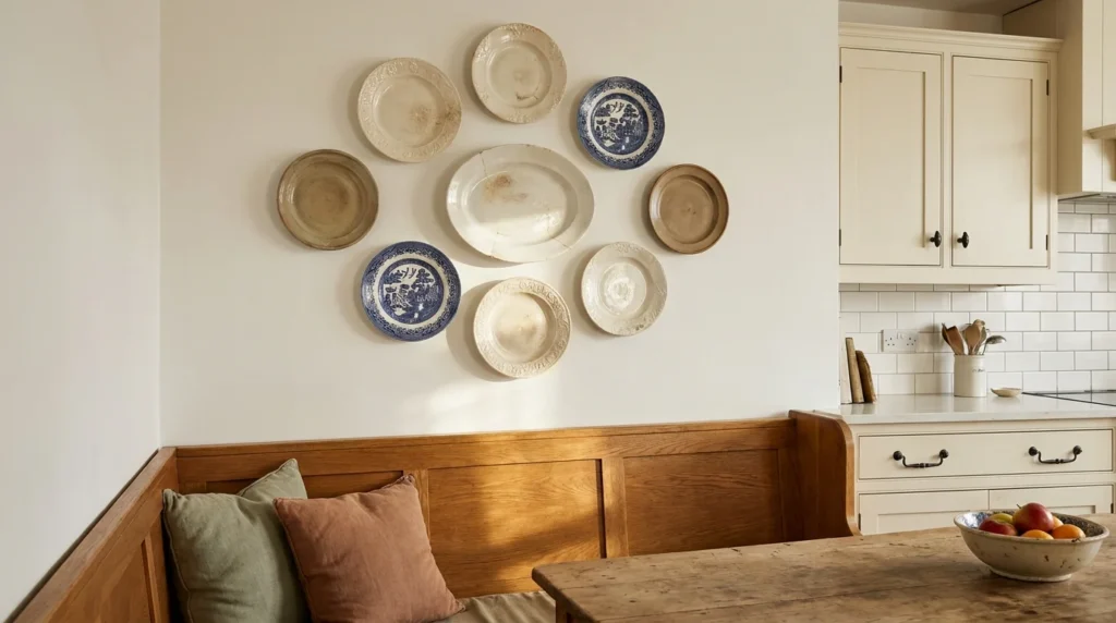 A farmhouse kitchen plate wall of mixed ironstone and transferware plates spaced two to three inches apart above a bench