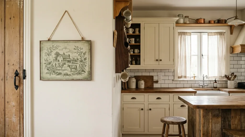 A vintage-look seed company sign in a thin wood frame hanging on a farmhouse kitchen wall beside a pantry door