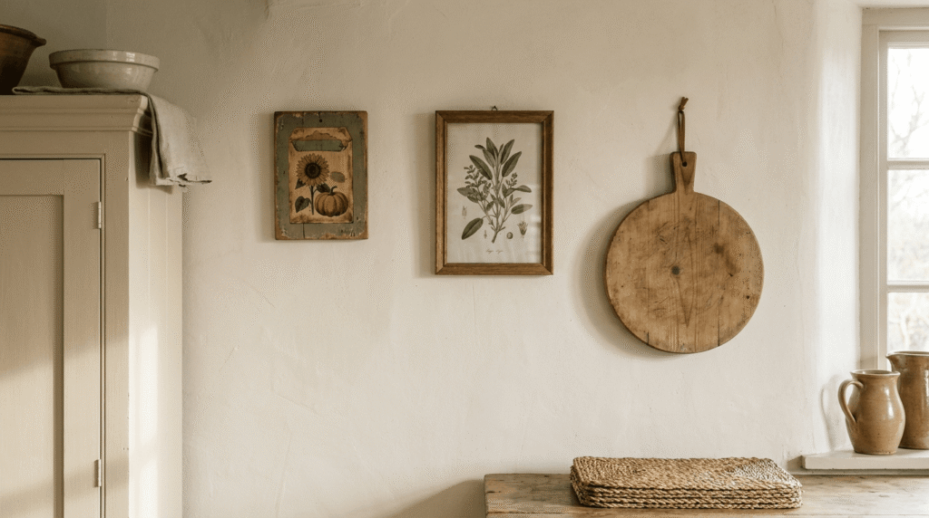 A restrained farmhouse kitchen wall grouping with one illustrated sign, one botanical print and one plain wood board instead of multiple word signs