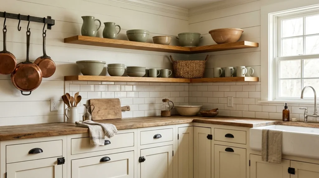 A rustic farmhouse kitchen palette layering warm white walls, honey oak shelving, woven baskets and muted sage pottery accents