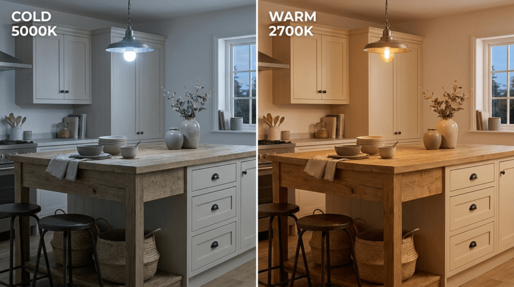 A farmhouse kitchen island compared under cold blue-white light and warm 2700K light, showing how bulb temperature changes cream cabinets and wood grain