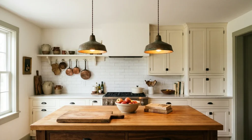 Two aged metal farmhouse pendant lights hung about 32 inches above a butcher block kitchen island with even spacing
