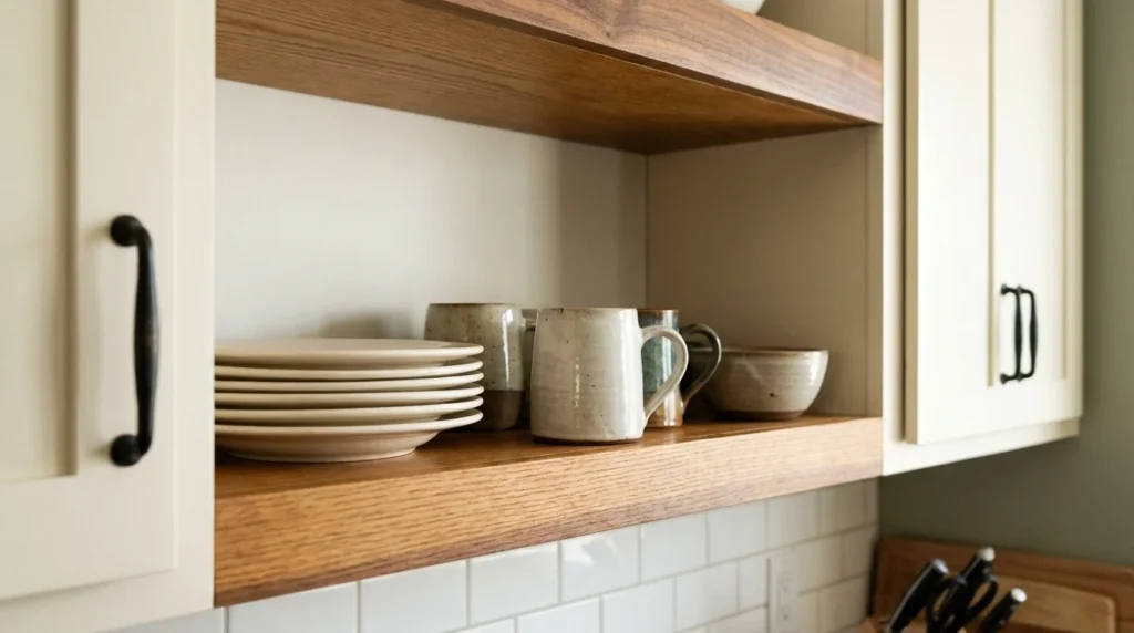 Farmhouse kitchen shelf styled with dishes grouped in odd numbers, five stacked plates and three mugs with empty space beside them