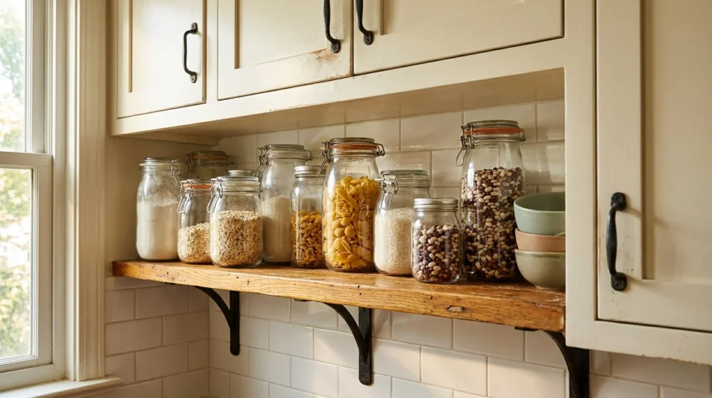 Clear glass jars with airtight seals holding flour, oats, pasta and beans on an open farmhouse kitchen shelf
