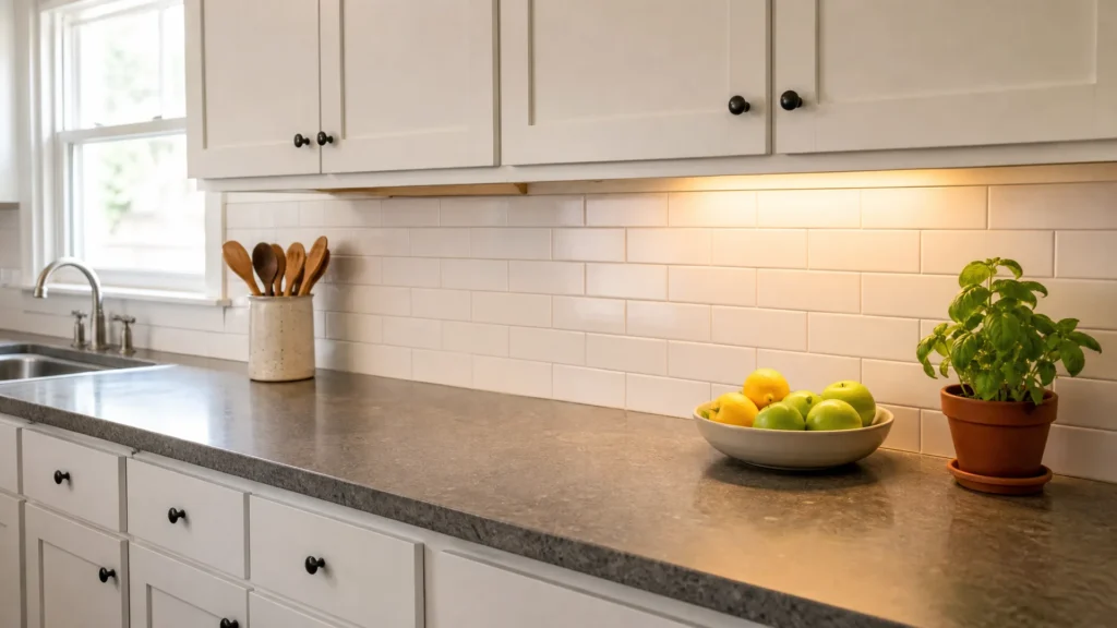 A cleared kitchen counter with just three objects: a utensil crock, a fruit bowl and a small potted herb
