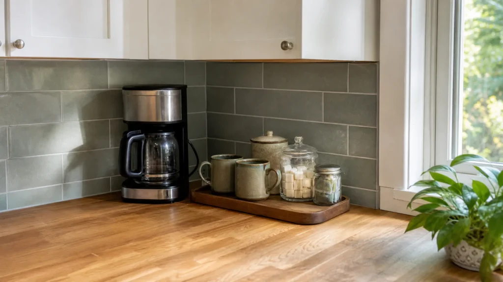 A compact coffee station on a small tray in a kitchen counter corner with a drip coffee maker, mugs and a canister