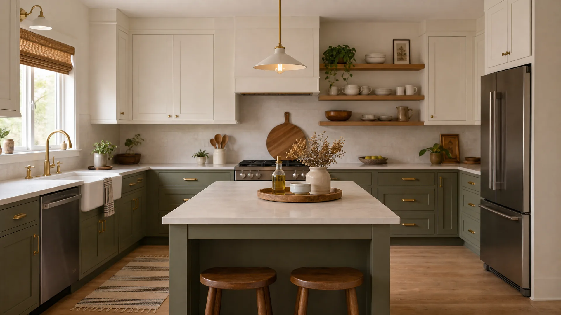 Kitchen decorating ideas in a warm white kitchen with styled open shelves, a wood tray on the island and a washable runner rug