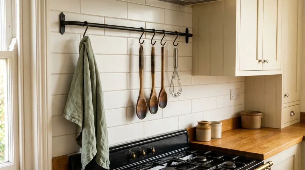 Kitchen farmhouse wall decor using a black iron rail with S-hooks holding wooden spoons and a linen towel beside the range