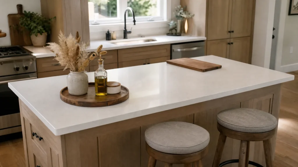 A kitchen island with one large wood tray holding olive oil, salt and a small vase of dried flowers at one end