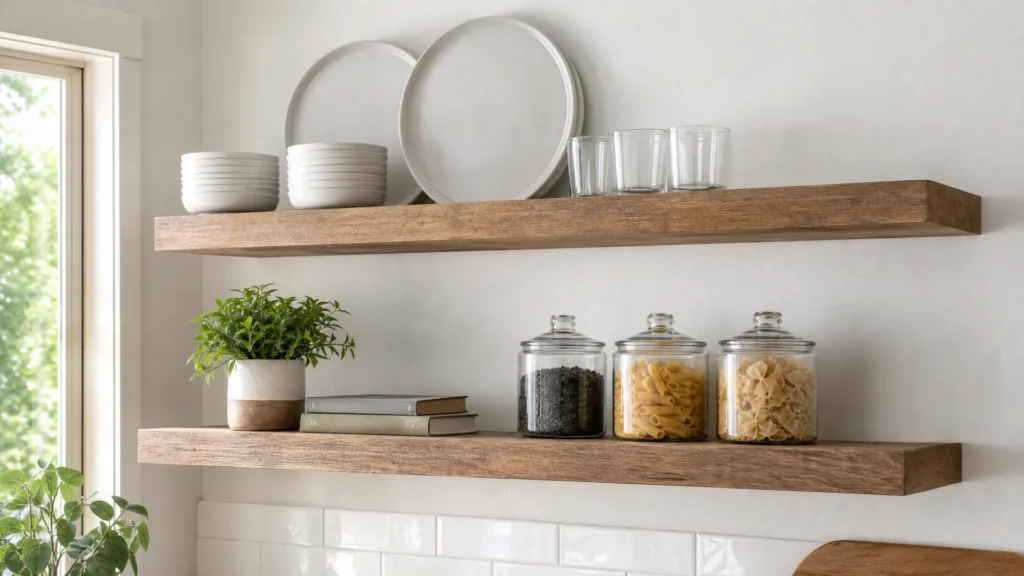 Open kitchen shelves styled in three depths with plates at the back, bowls in the middle and a small plant at the front